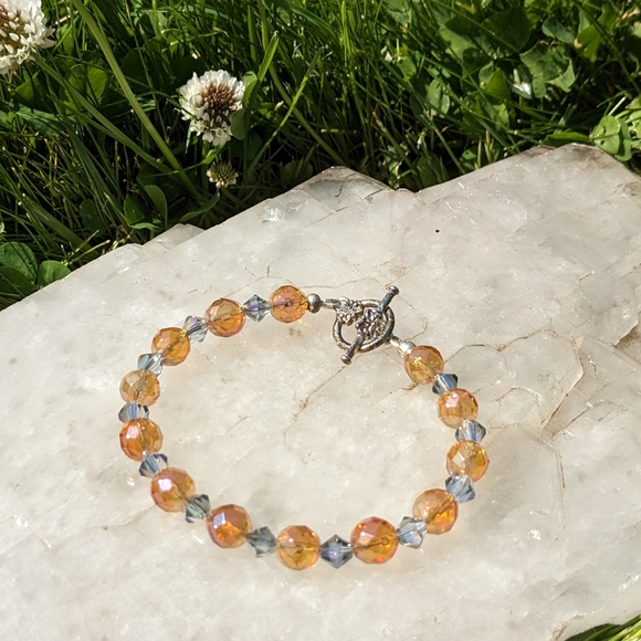 Handmade Faceted Tangerine Aura Quartz and Light Blue Bicone Bracelet - 7 1/4" - Picture 4 of 4